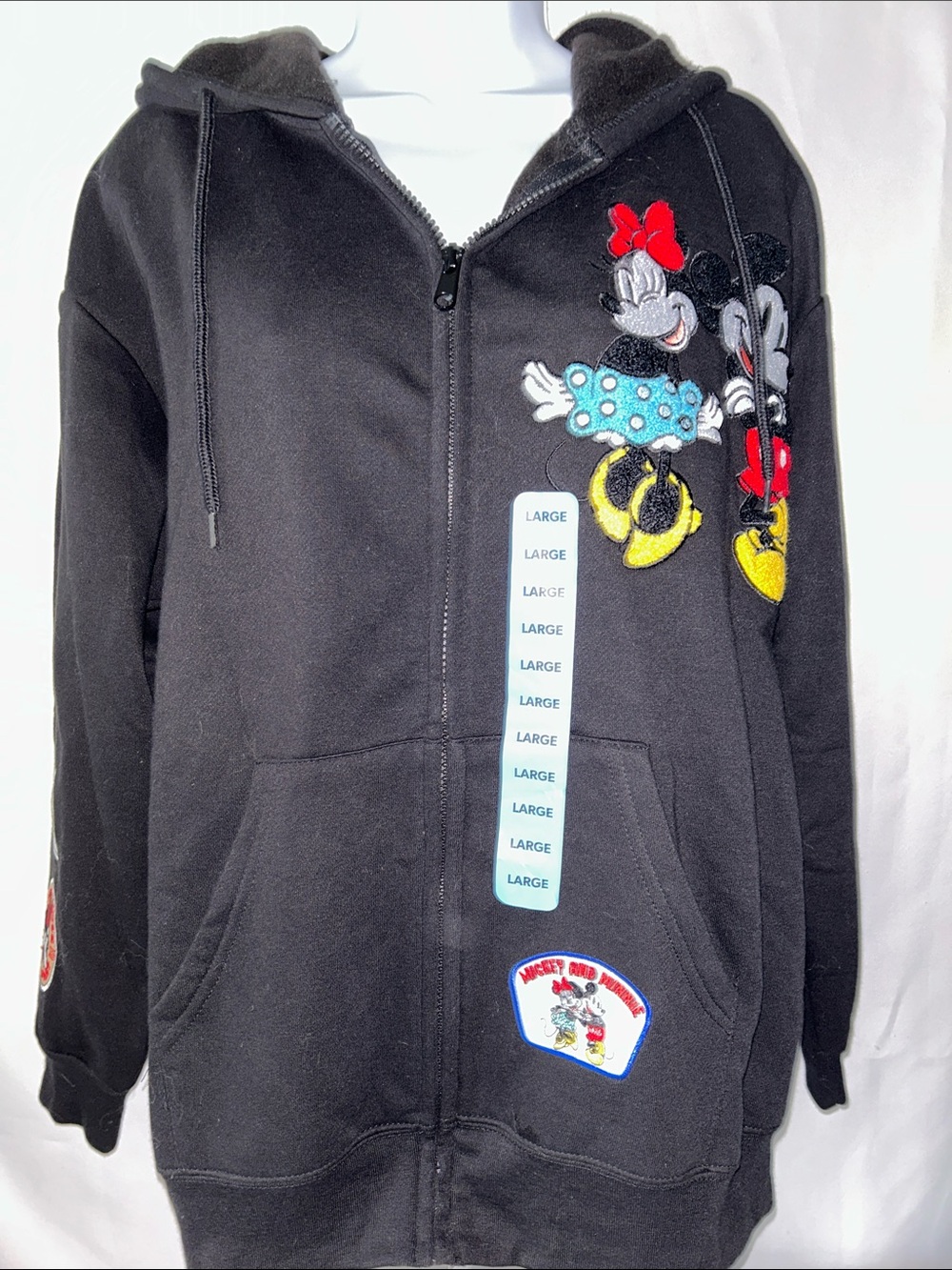 Disney Mickey Minnie Mouse Embroidered Patchwork Full Zip Front Hoodie Sz Large